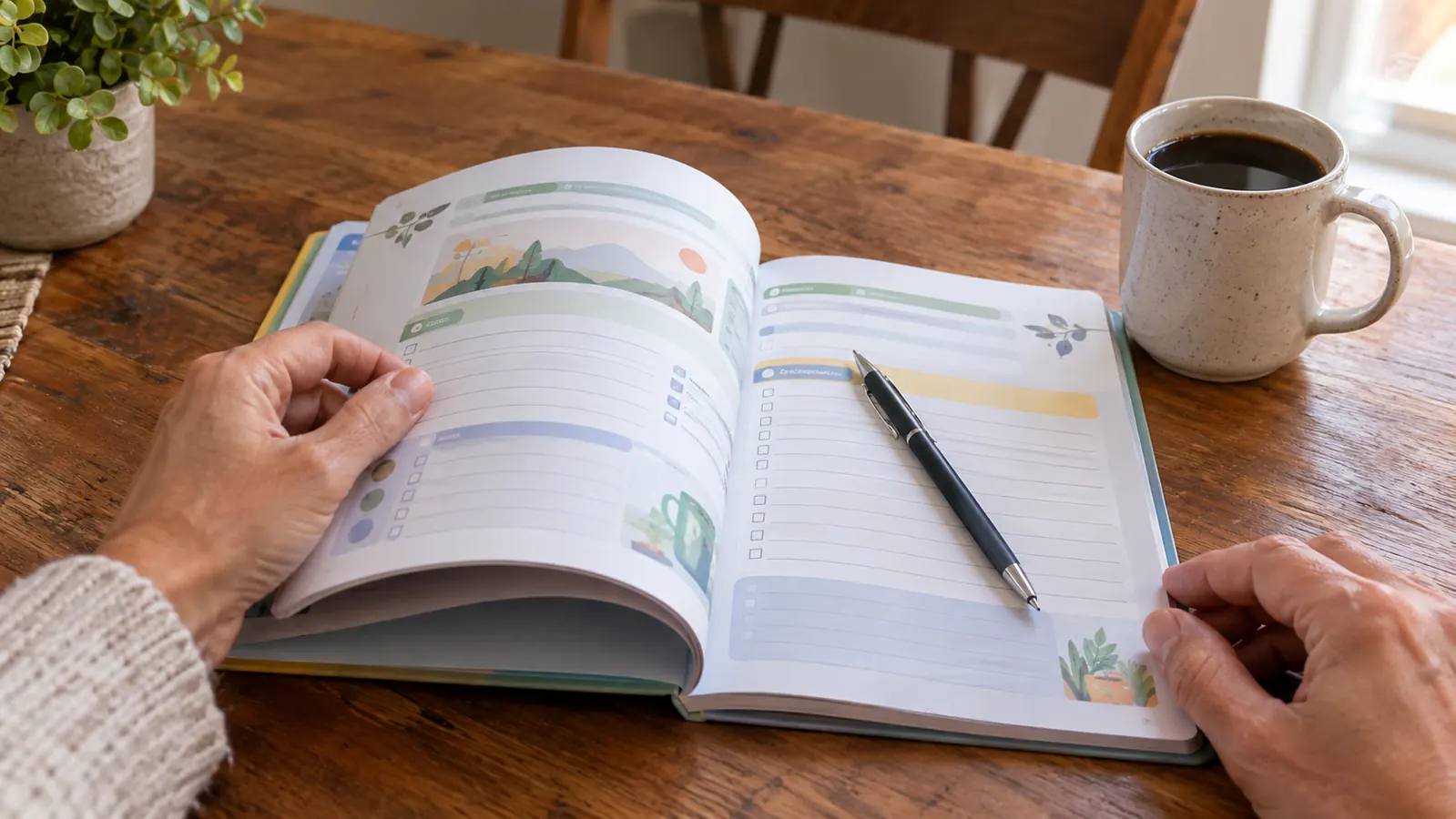 A hand turning the page of an open workbook lying on a kitchen table, with a pen resting on the page beside a coffee mug.