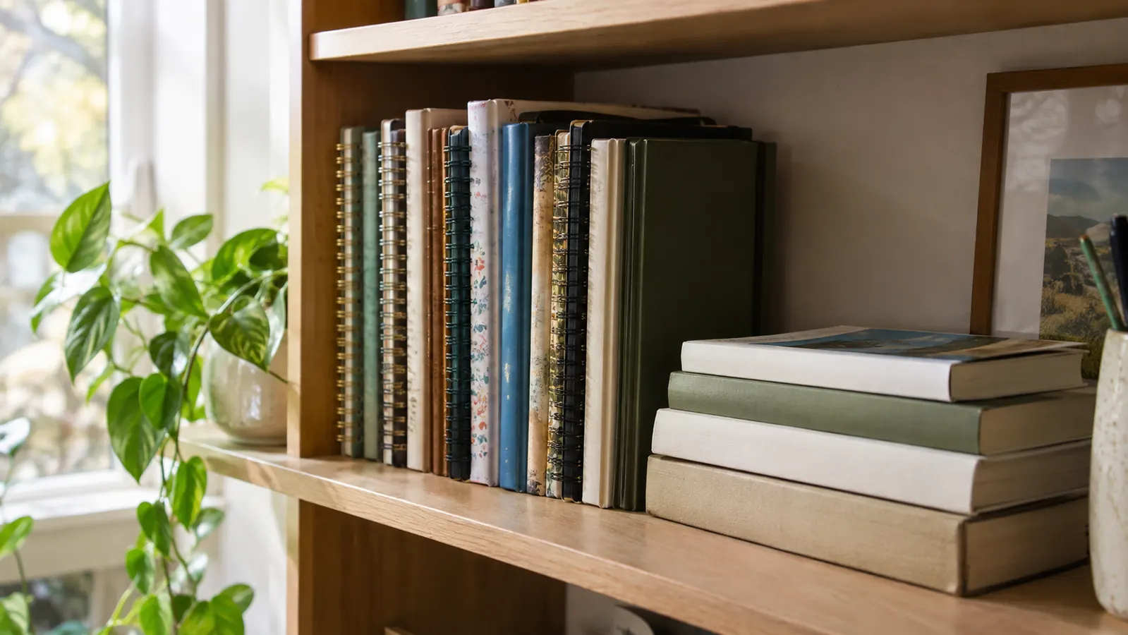 A bookshelf holding a row of filled notebooks beside a small stack of books, soft daylight.