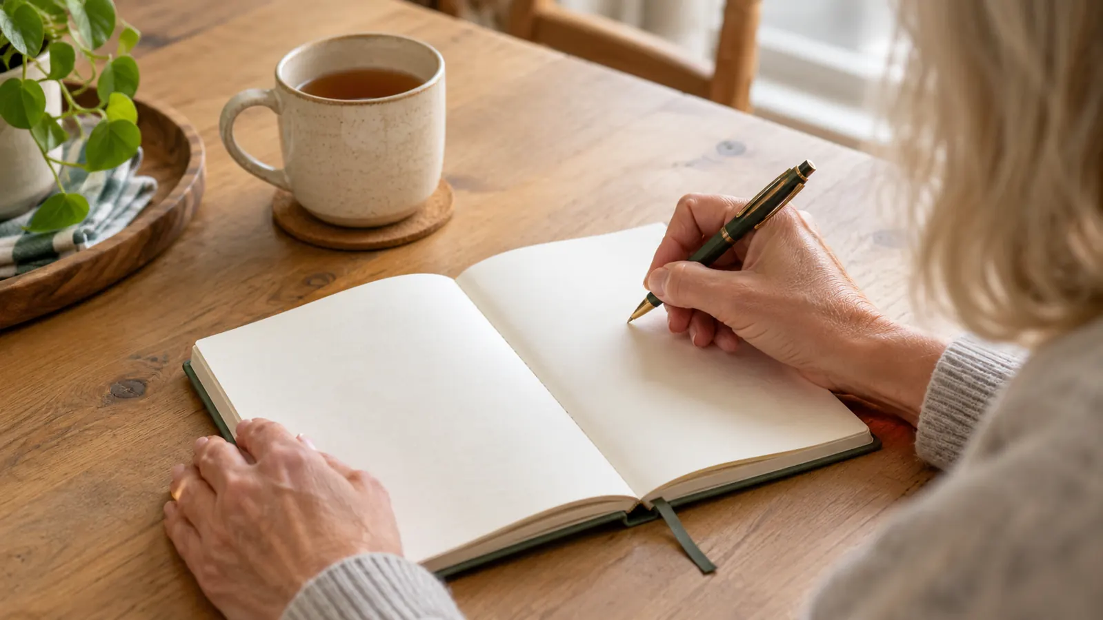 A hand writing in an open couples journal on a wooden table beside a mug of tea