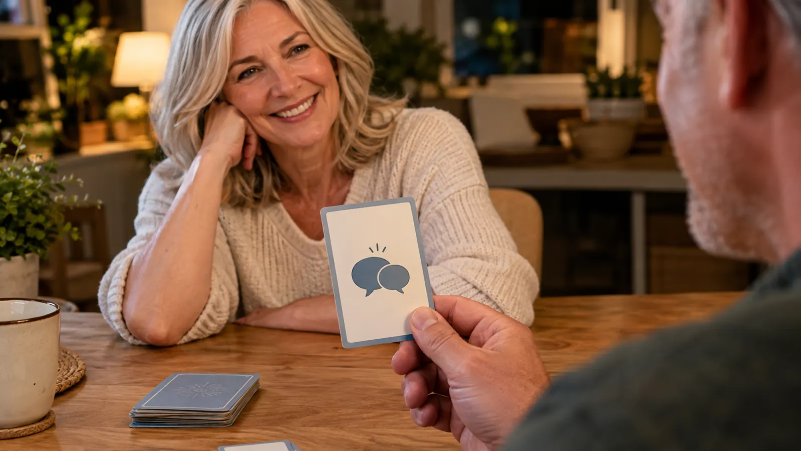 A hand holding up a conversation card with a question written on it across a table