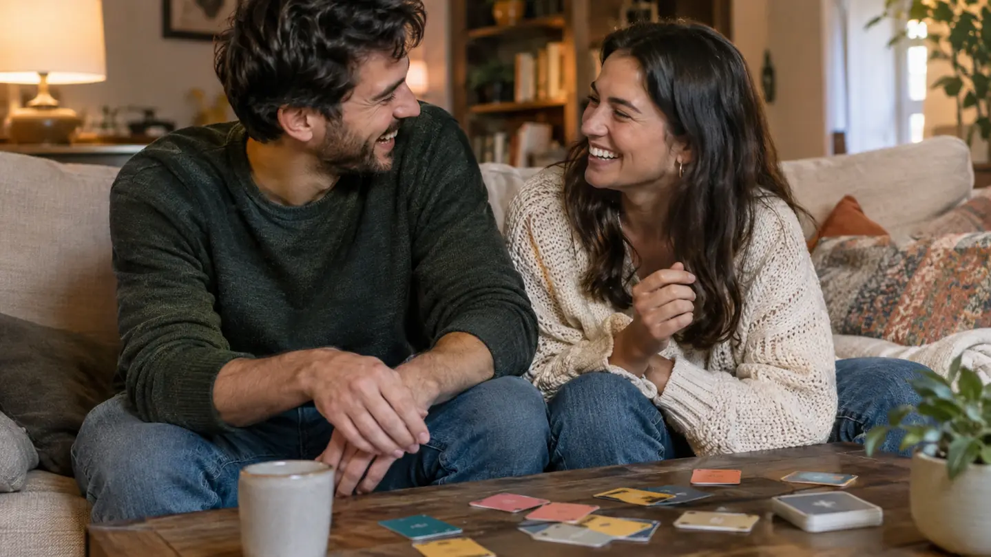 A couple laughing together on a couch with a card game on the coffee table