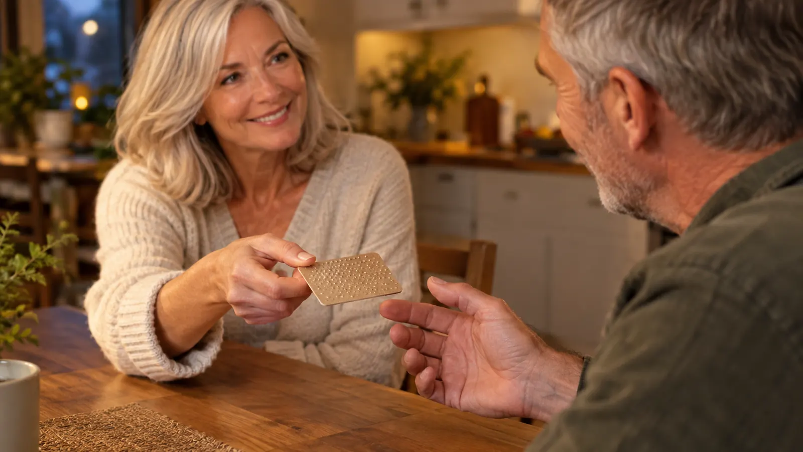 A hand holding a conversation card with a question on it across a table toward a partner