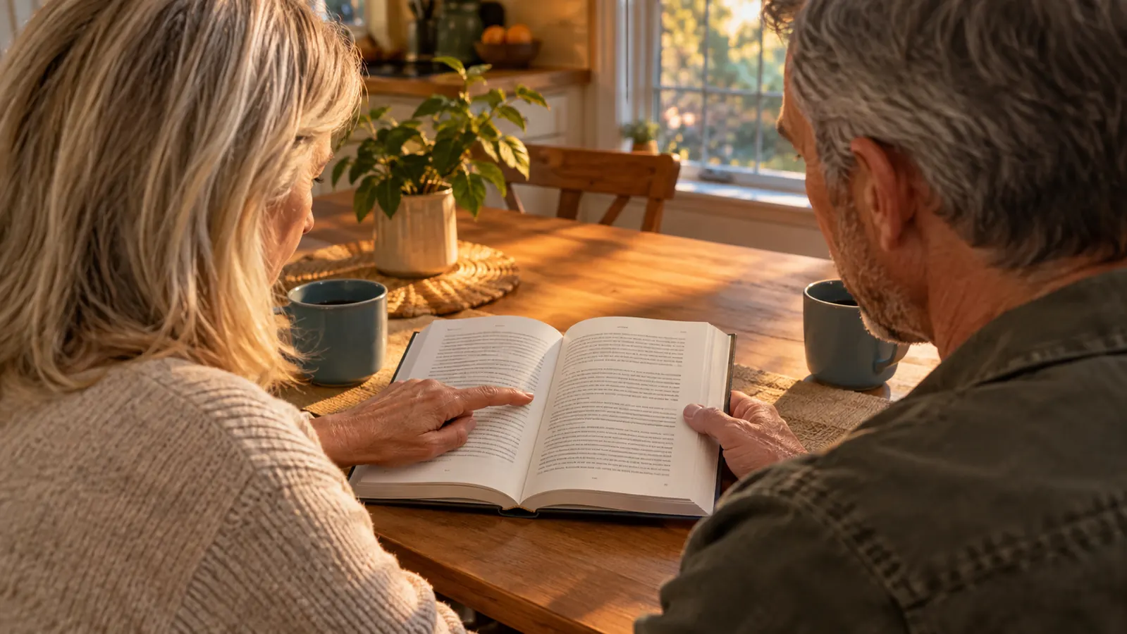A couple sitting at a kitchen table reading a book together, one page open between them