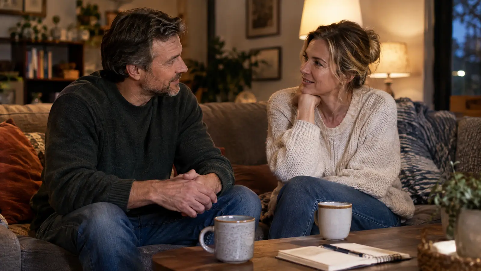 A Sunday evening check-in: two people on a couch talking, a notebook and two mugs on the coffee table