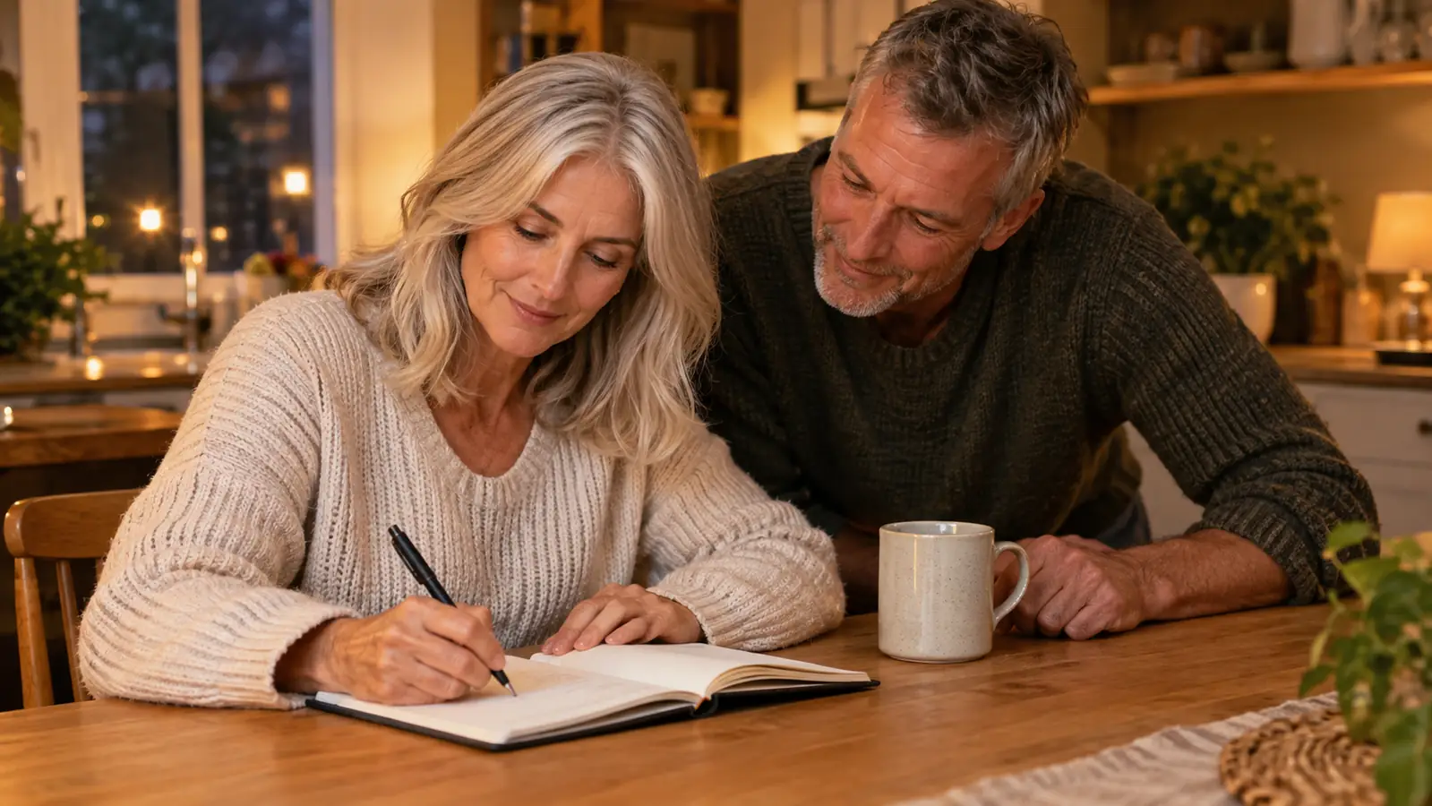A person writing in a journal at a kitchen table while another person leans in to read