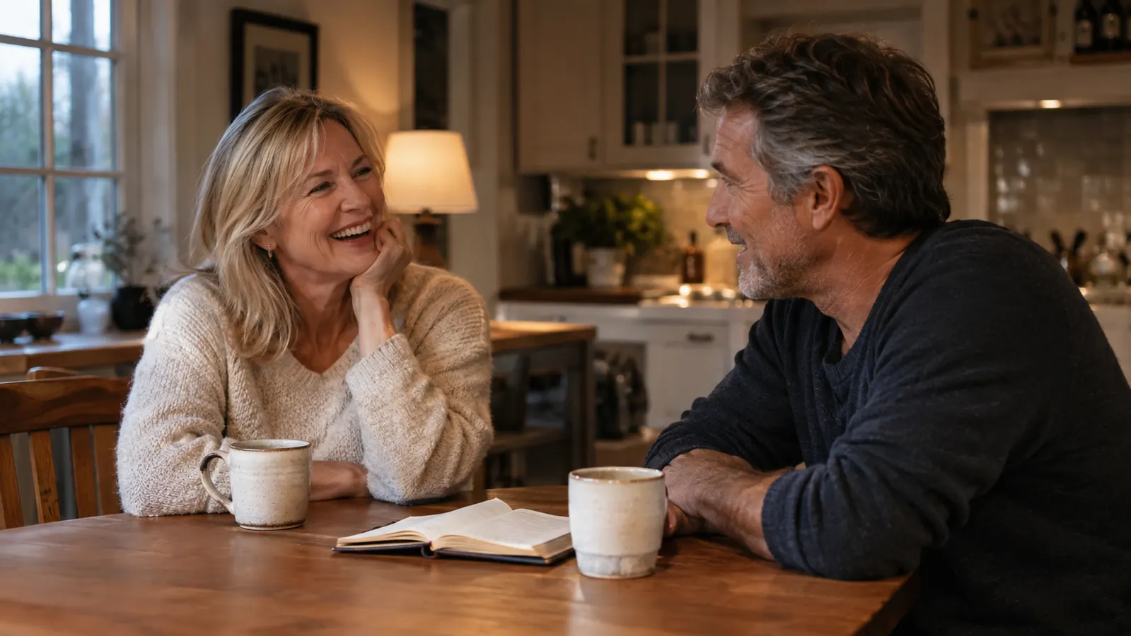A long-married couple laughing together over coffee at their kitchen table after dinner