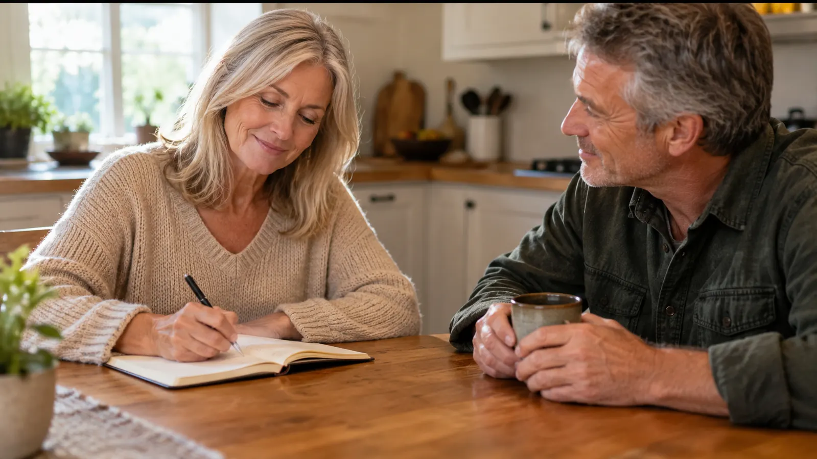 A person writing in a couples journal at a table while a partner sits nearby