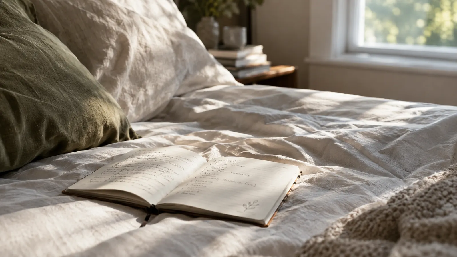 A journal open on a bed with morning light coming through a window