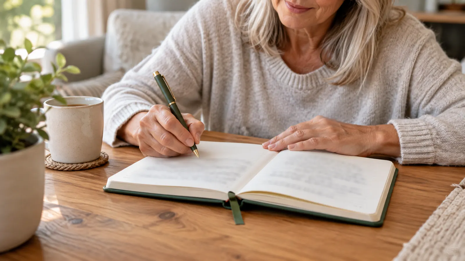 A hand holding a pen over an open page of a small journal on a wooden table, the page blurred so no text is readable