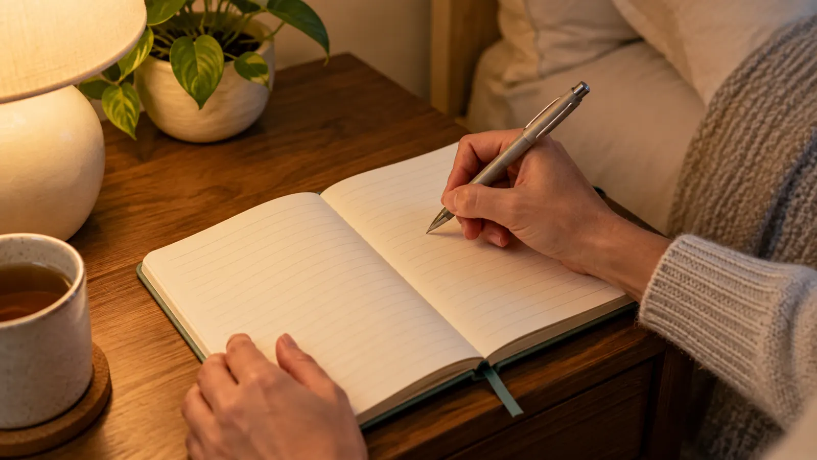 A hand holding a pen over an open page of a small journal on a nightstand beside a lamp