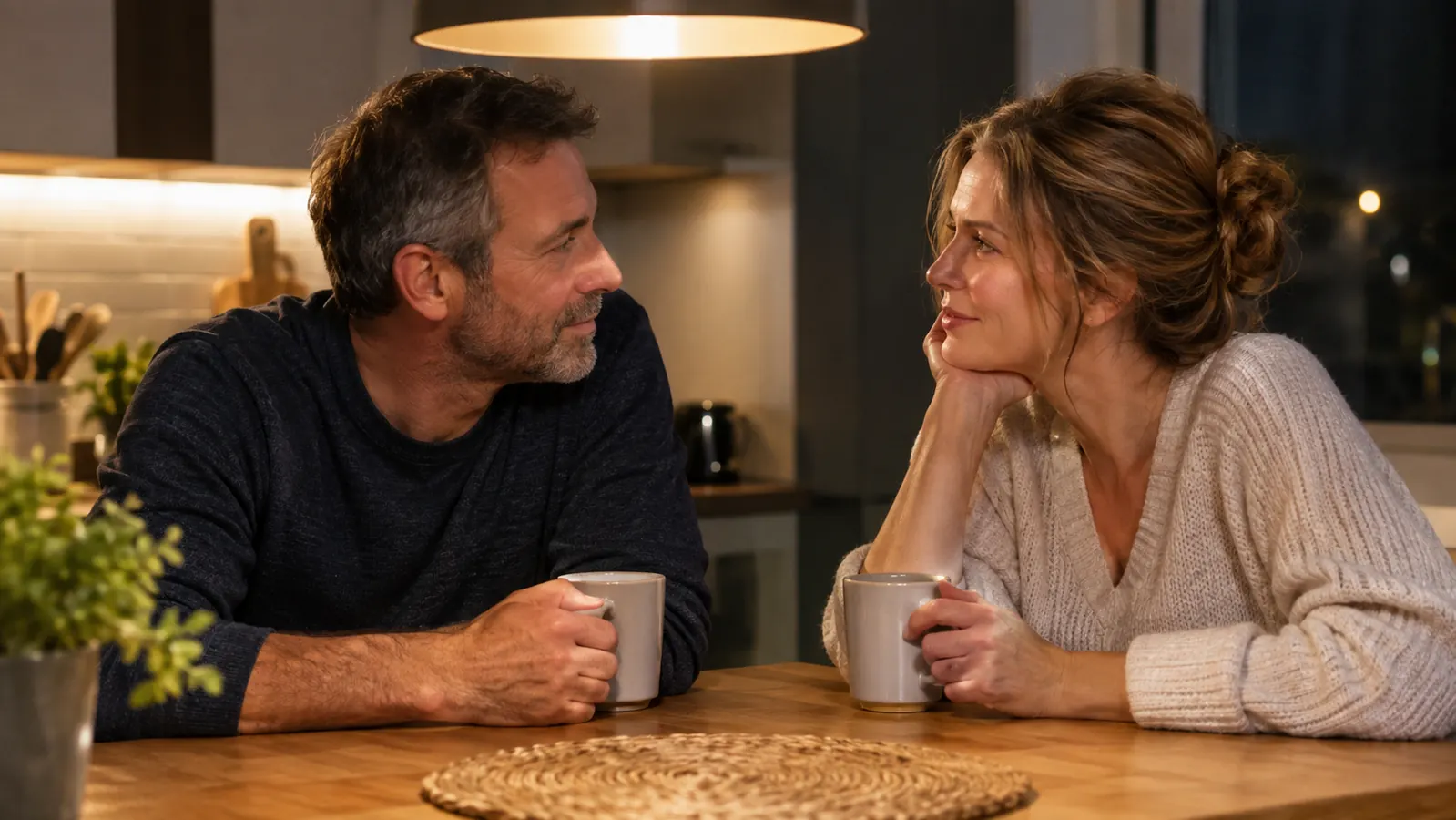 A couple drinking tea at a kitchen table in the evening, talking across the table