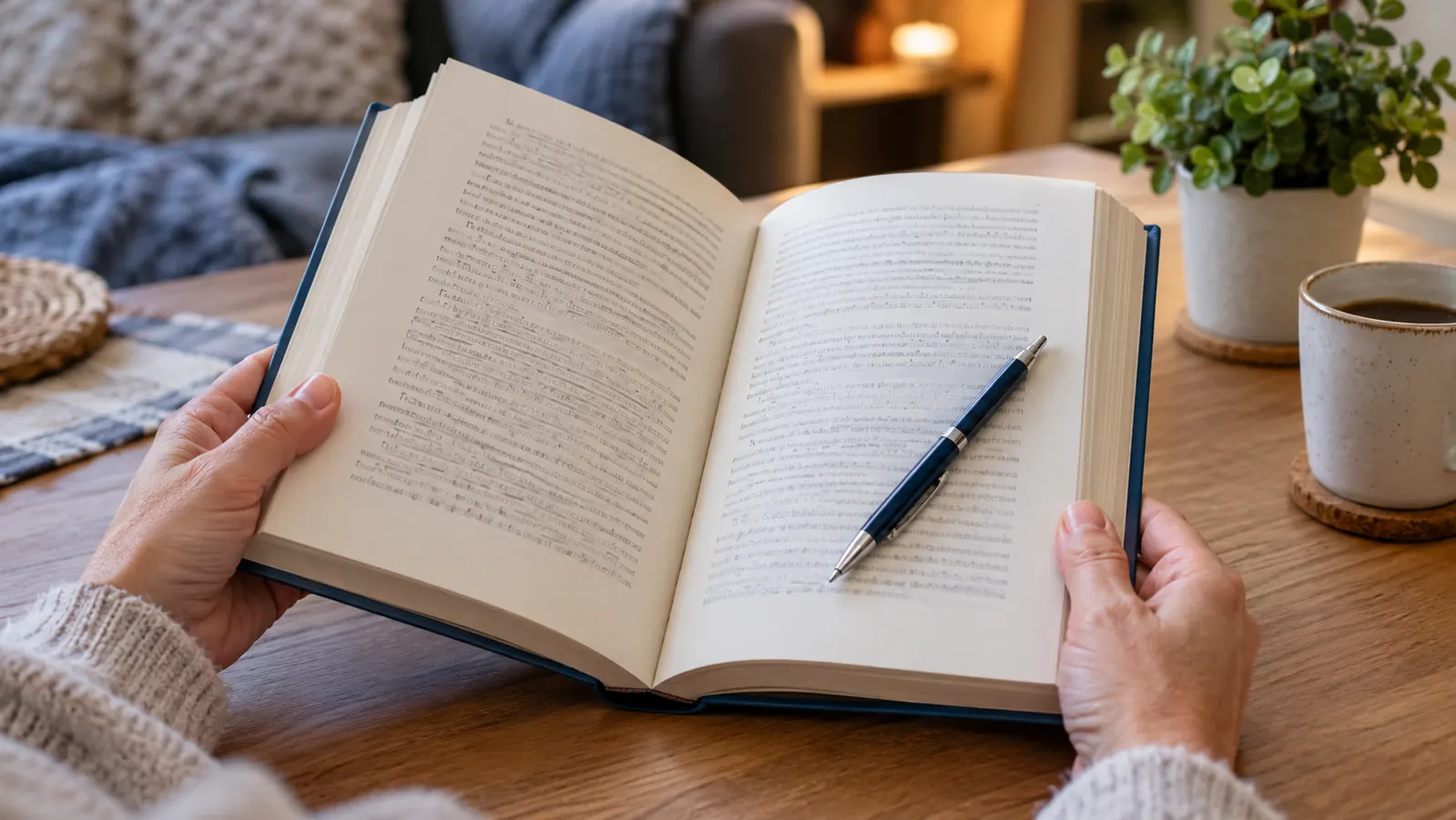 A woman's hand holding the book open, a pen resting on the page