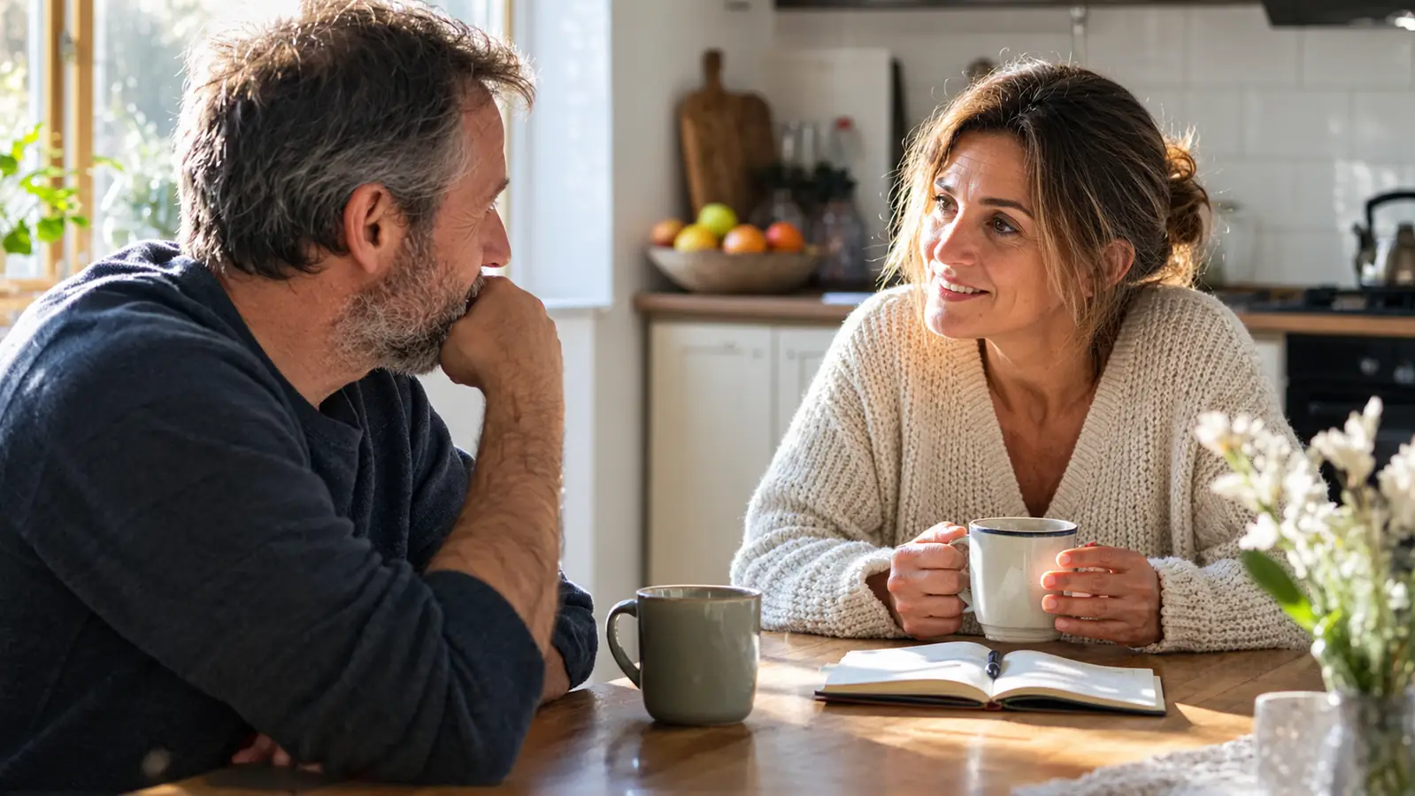 A couple talking across a kitchen table with coffee mugs, a notebook between them