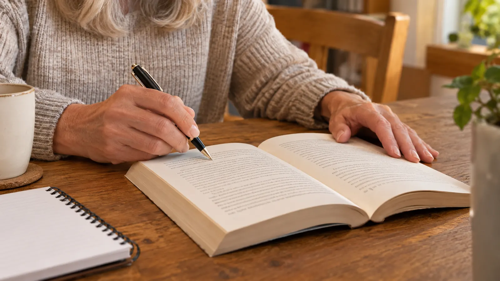 A hand holding a pen over a page of the book while a second hand rests beside it on the table