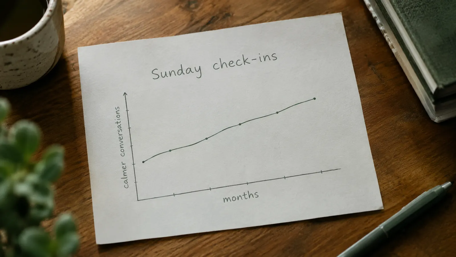 A simple line chart showing a couple's weekly check-in conversations becoming calmer over several months