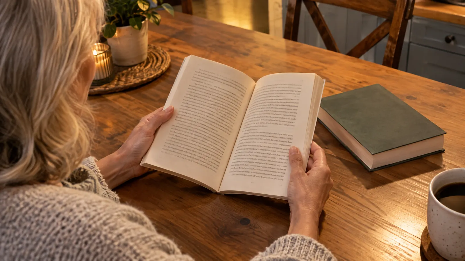 A reader's hands holding an open paperback book at a kitchen table, a coffee cup at the edge of the frame