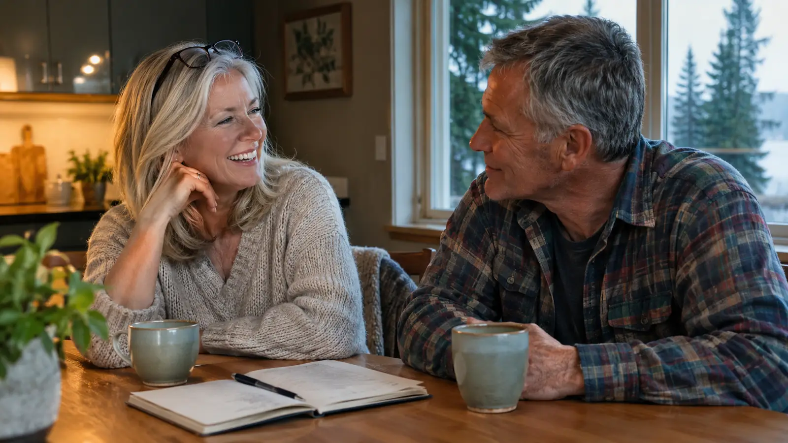 A married couple in their late fifties laughing together over tea and an open notebook at a wooden kitchen table