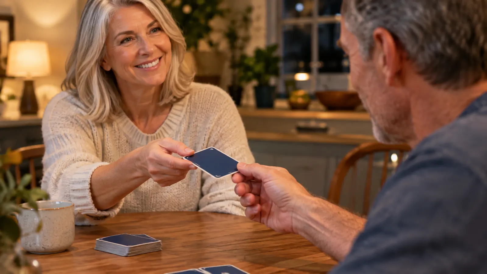 A hand holding a question card from a card game across a table toward a partner