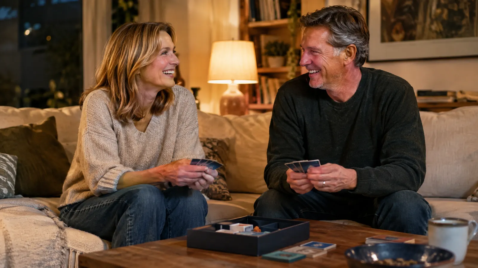 A couple laughing together on a couch in the evening, a card game box on the coffee table