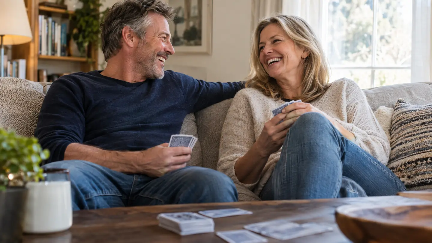 A couple laughing together on a couch, the conversation card deck resting on the coffee table in front of them