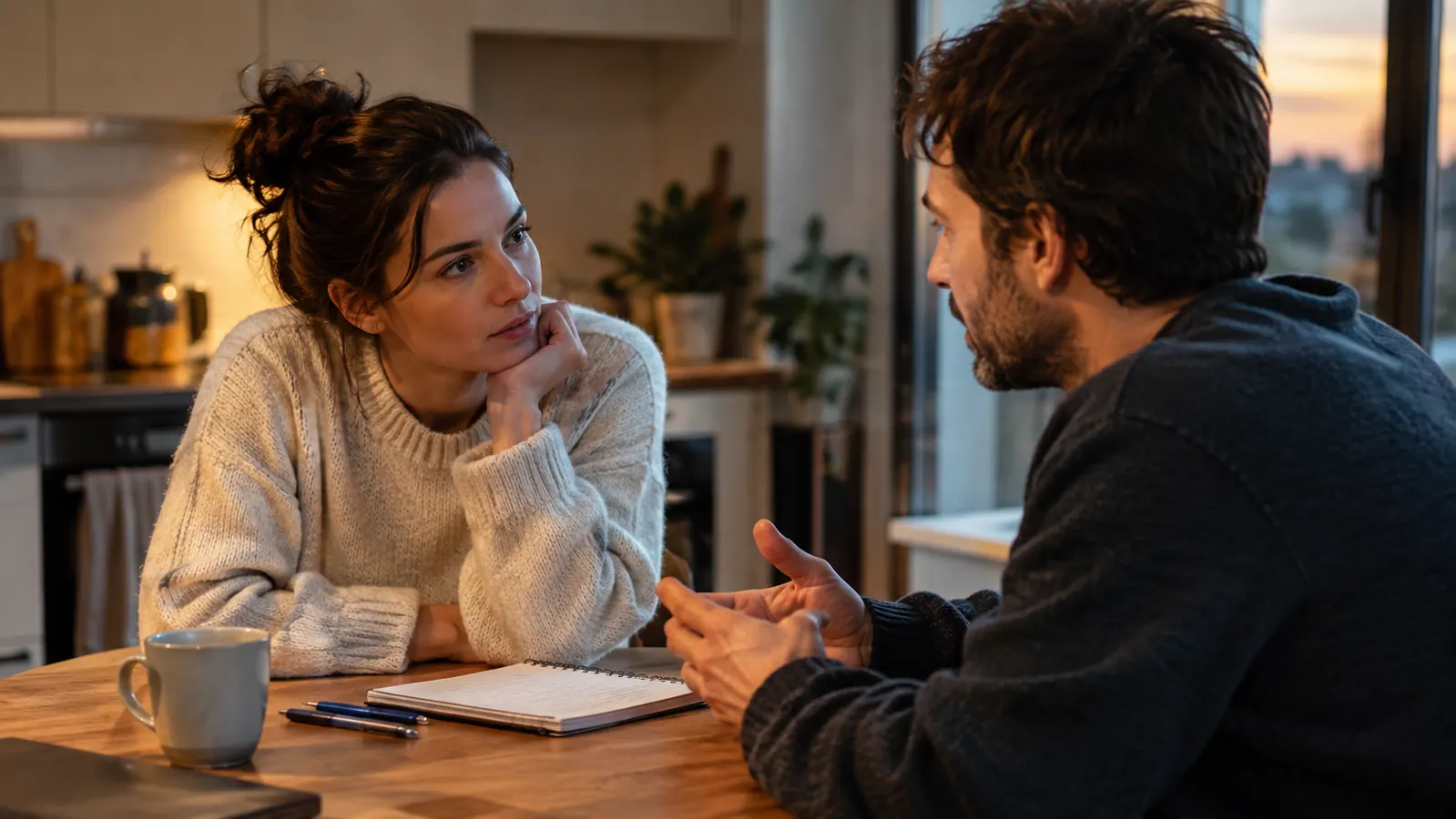A man and a woman talking across a kitchen table, one leaning forward to listen