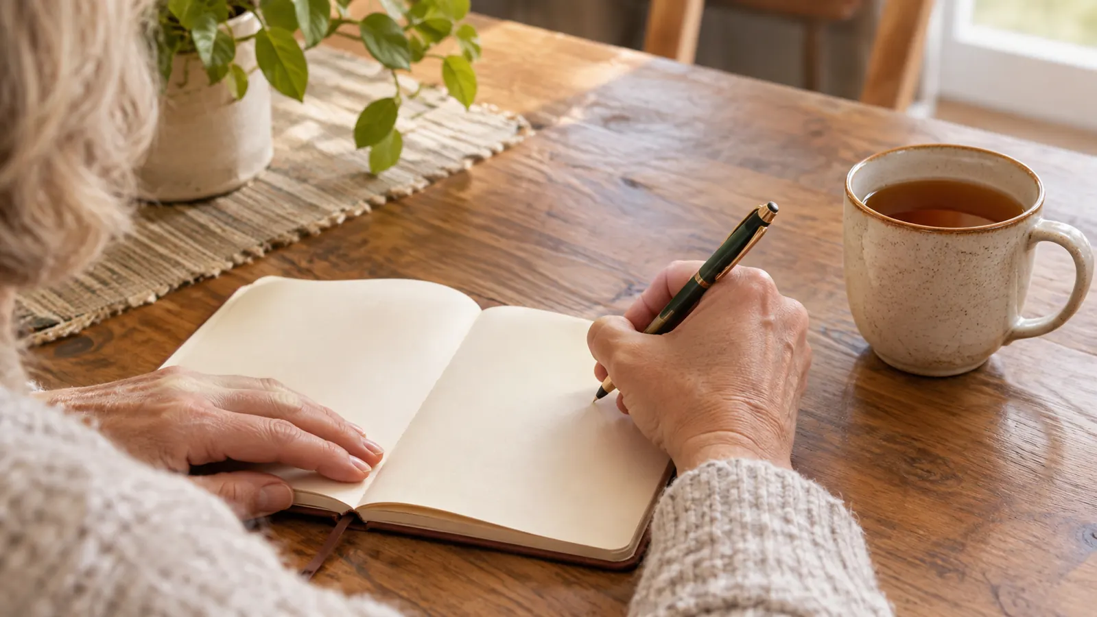 A hand holding a pen over an open couples journal on a kitchen table next to a mug of tea