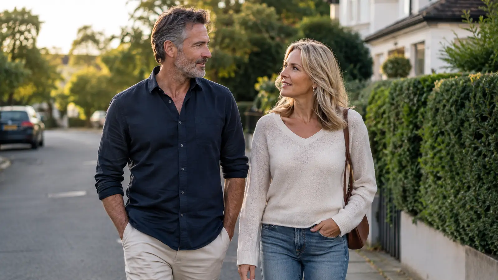 A couple walking together on a quiet neighborhood street in the late afternoon