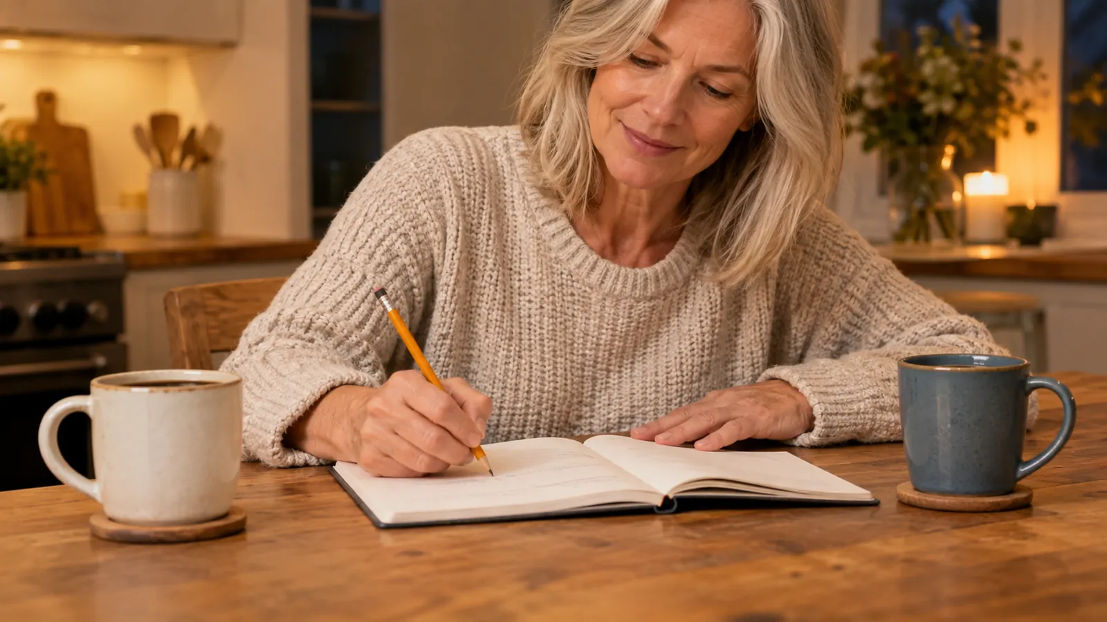 A hand writing in an open workbook on a kitchen table, pencil in hand, a mug nearby