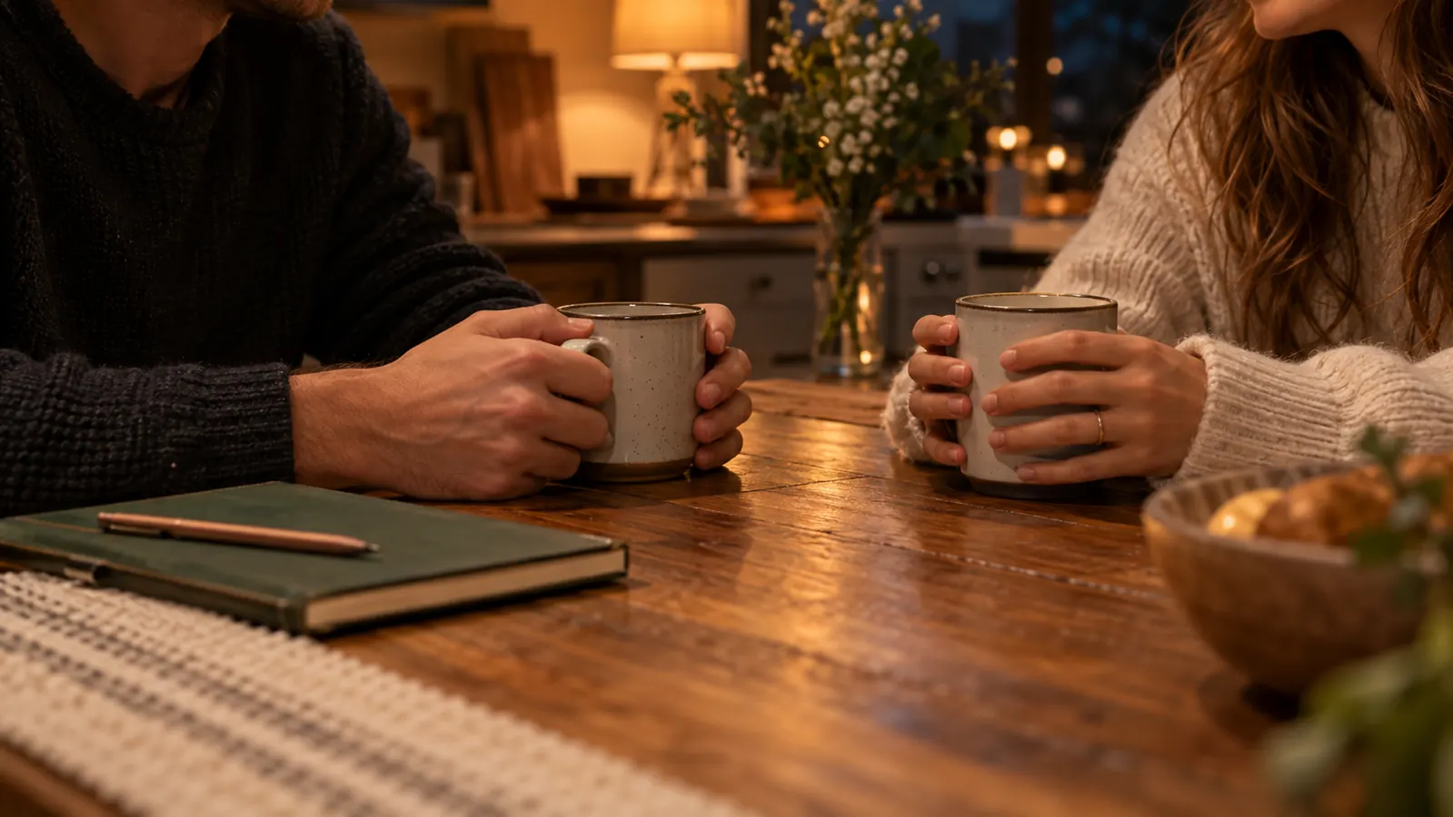 Two pairs of hands holding mugs across a kitchen table in the evening, a closed workbook and pencil to one side