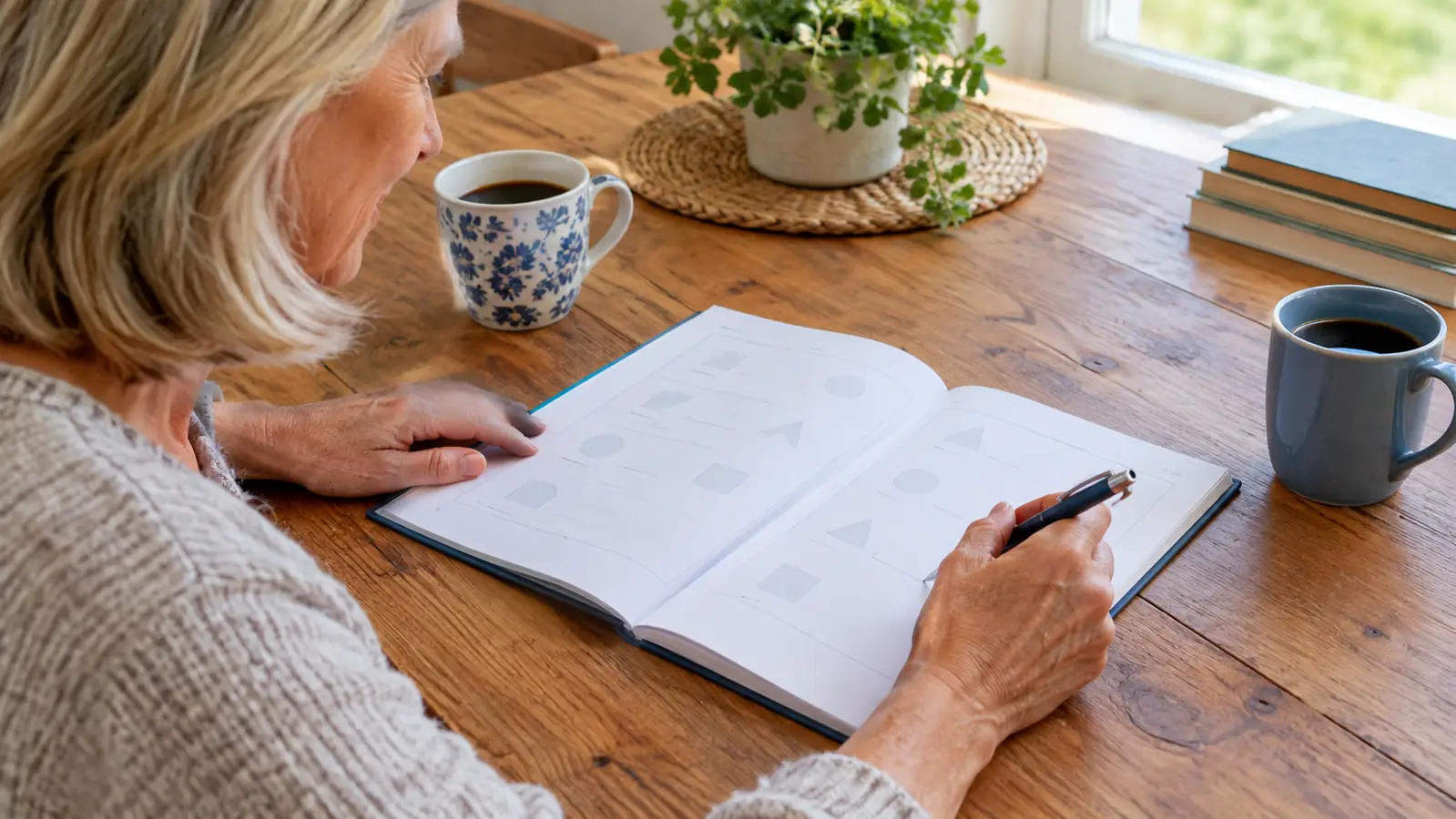 A hand holding a pen over an open workbook page on a wooden table, a second mug of coffee nearby