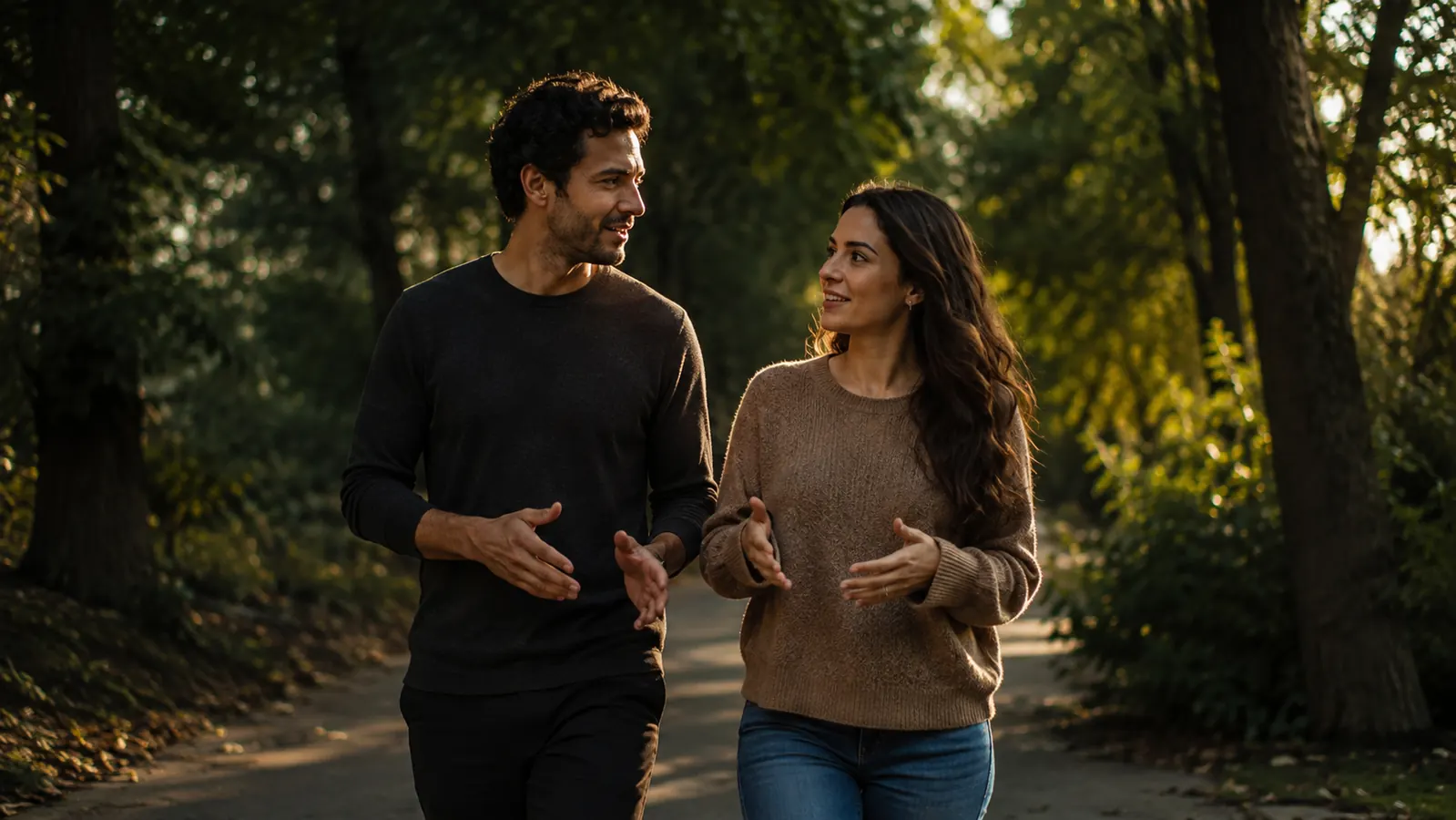 A couple walking side by side on a tree-lined path in late afternoon light, talking with their hands