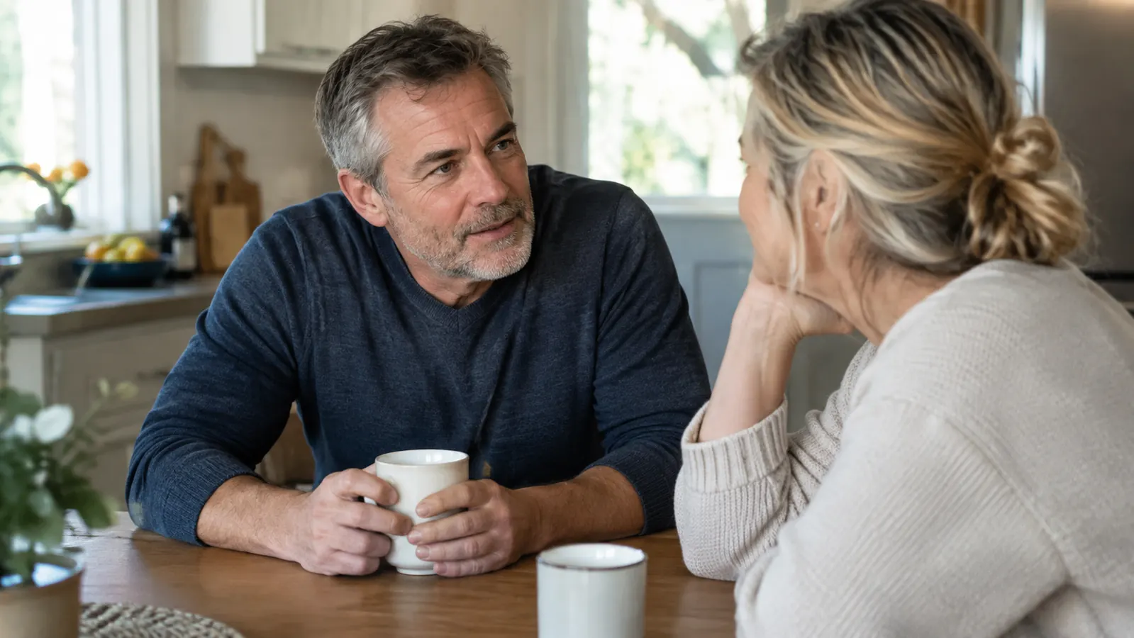 A couple talking at a kitchen table, one person leaning forward with a coffee mug, the other listening