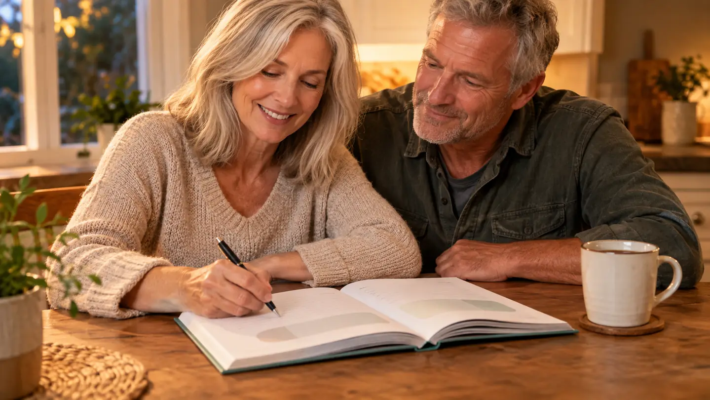 The Love More, Fight Less workbook open on a kitchen table next to a pen and a coffee mug