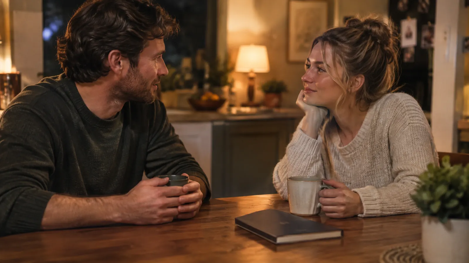A couple talking over coffee at a kitchen table in the evening, a closed workbook between them