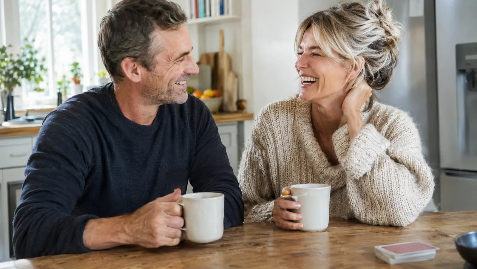 A couple laughing together over coffee at a kitchen table with a card deck off to the side