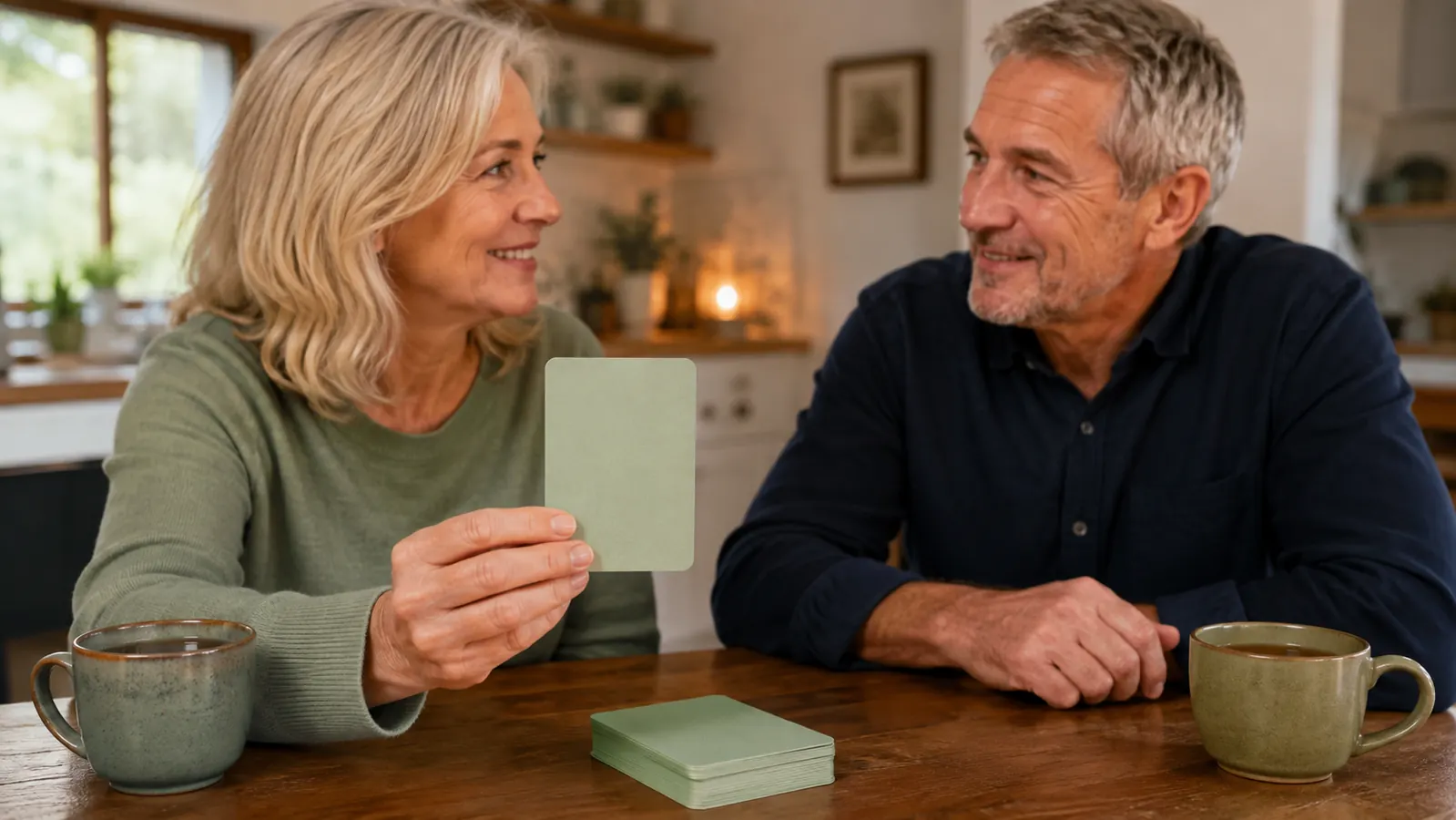 A hand holding up one conversation card while the other hand rests on the table beside a mug of tea
