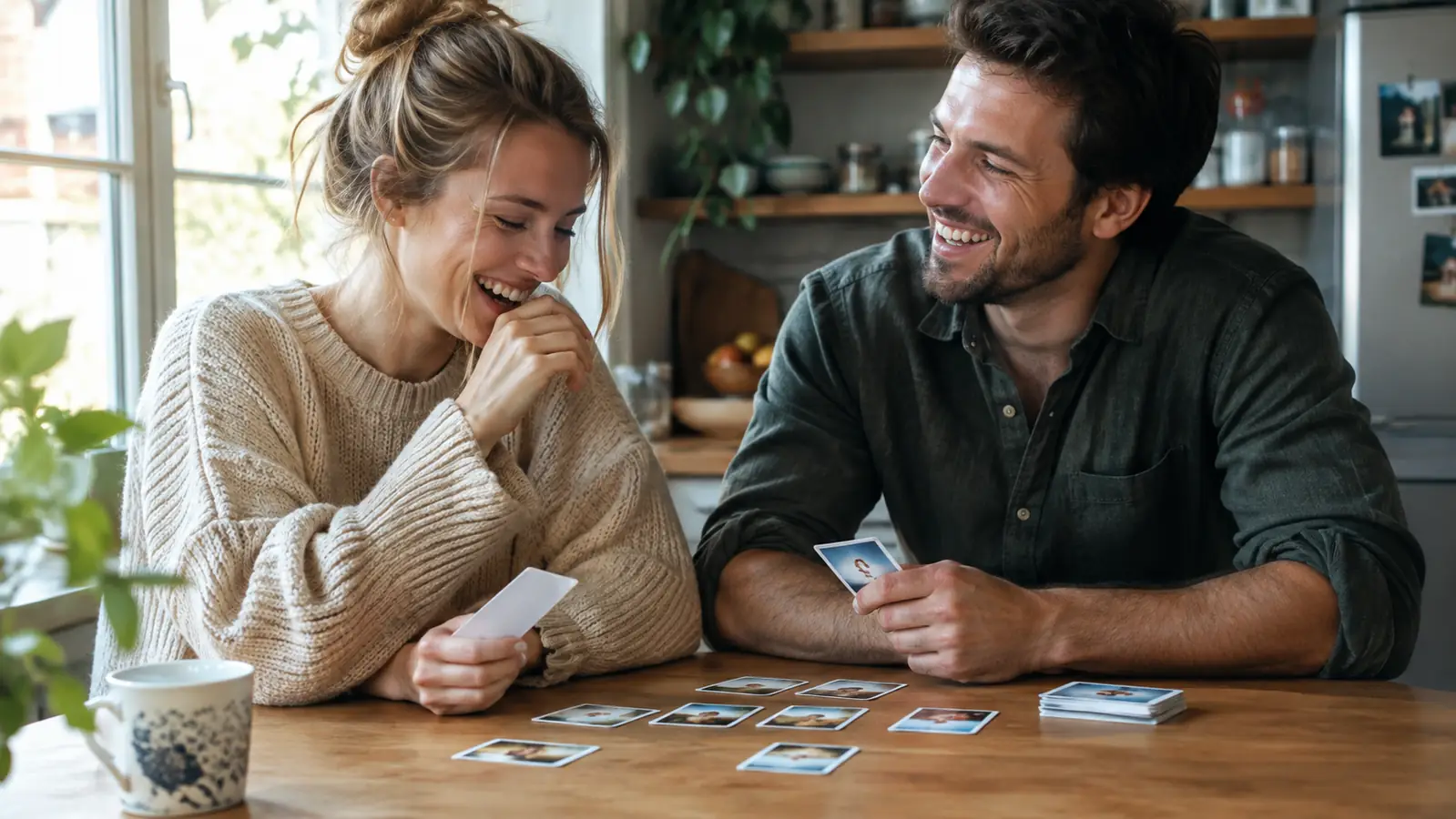 A couple laughing together at the kitchen table with cards spread out in front of them