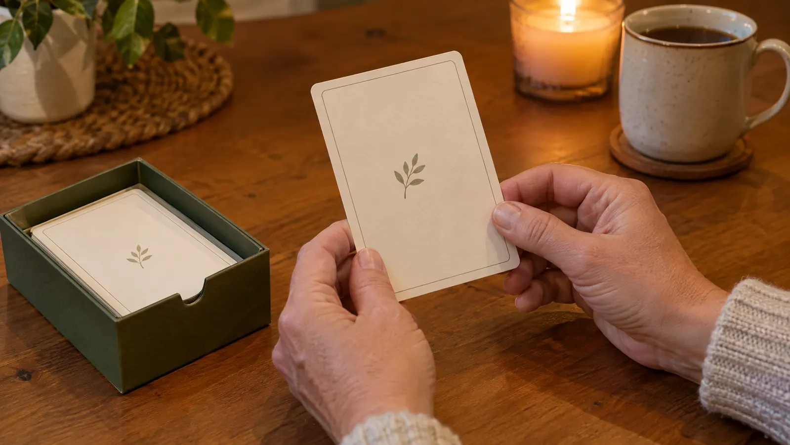 Hands holding a conversation card above a wooden table with the card box resting beside them