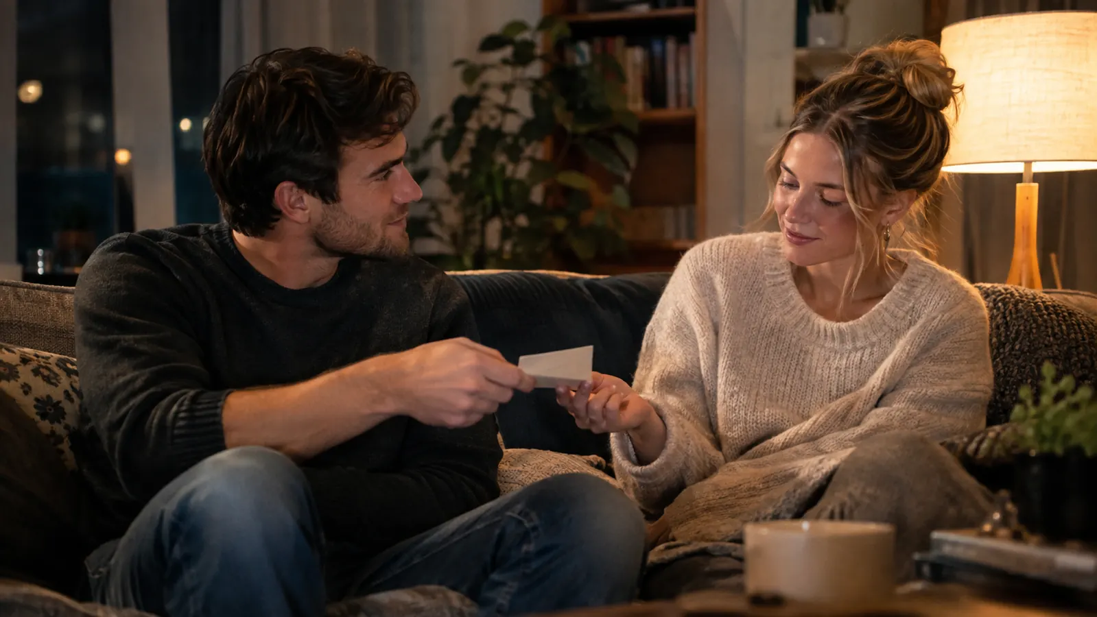 A couple sitting on a couch in the evening, one person handing a conversation card to the other beside a reading lamp
