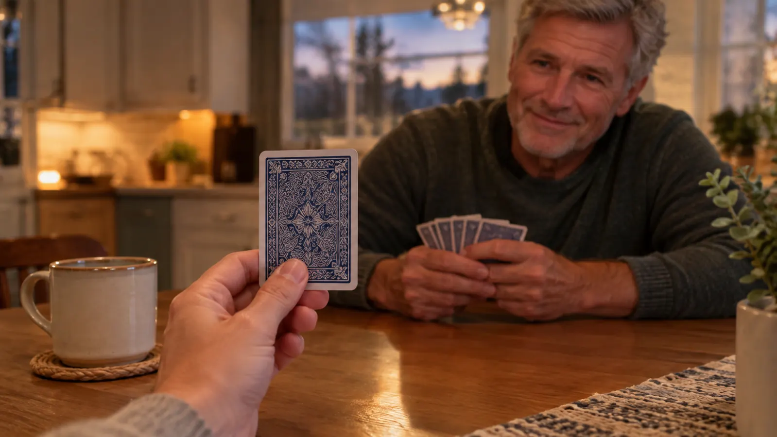 A hand holding up a card from the deck, the back of the card facing the camera, across a kitchen table