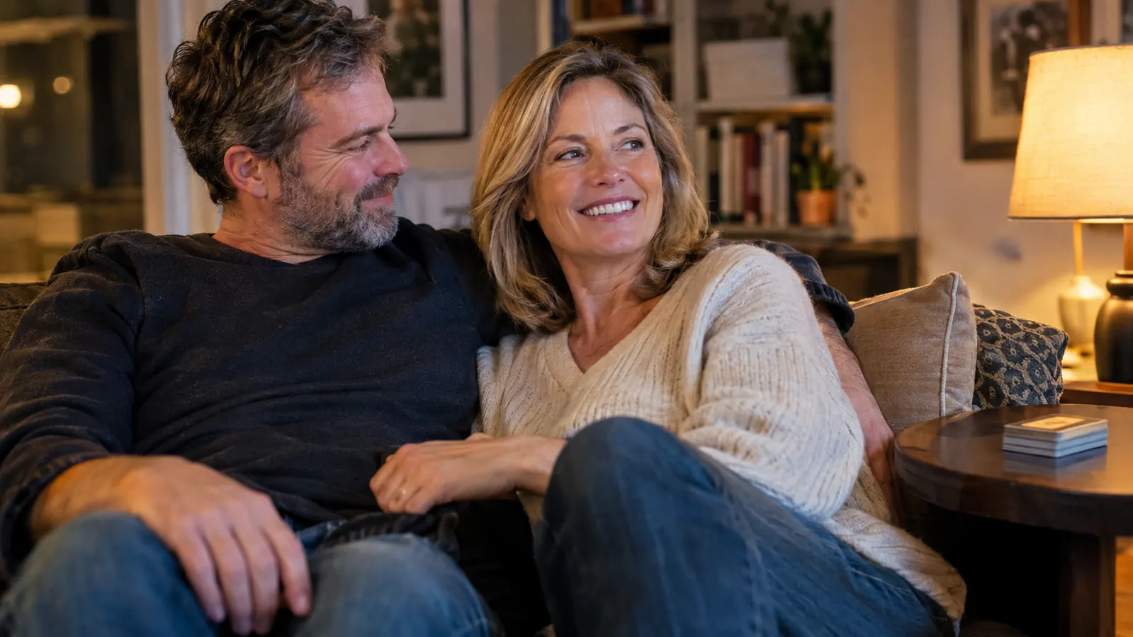 A man and a woman in their fifties sitting close together on a couch after dinner, a small stack of cards on a side table nearby