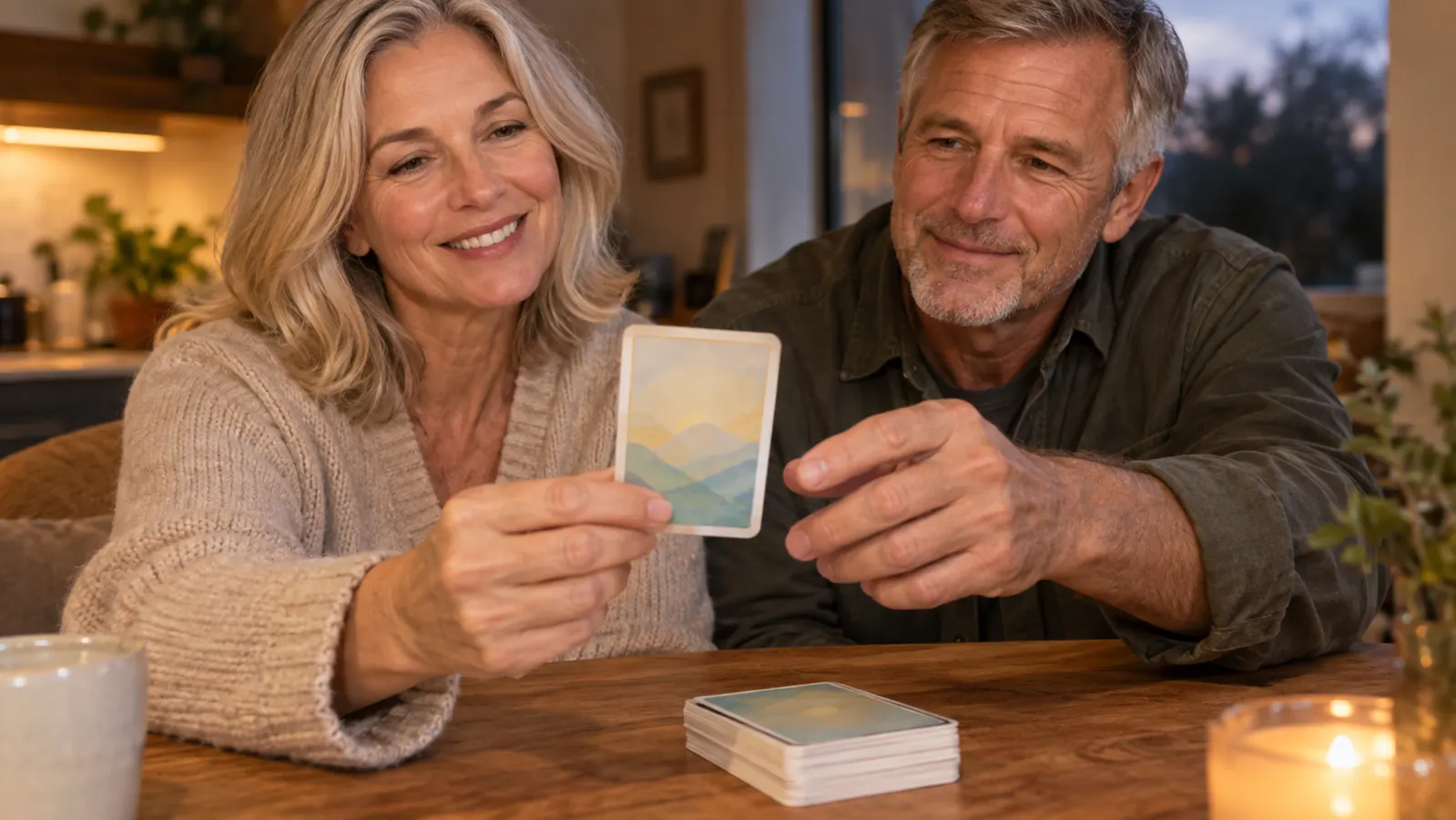 A hand holding up one conversation card while a partner reaches for it across a table