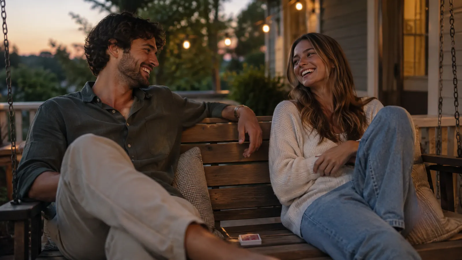 A couple laughing together on a porch swing at dusk, a card deck resting on the seat between them