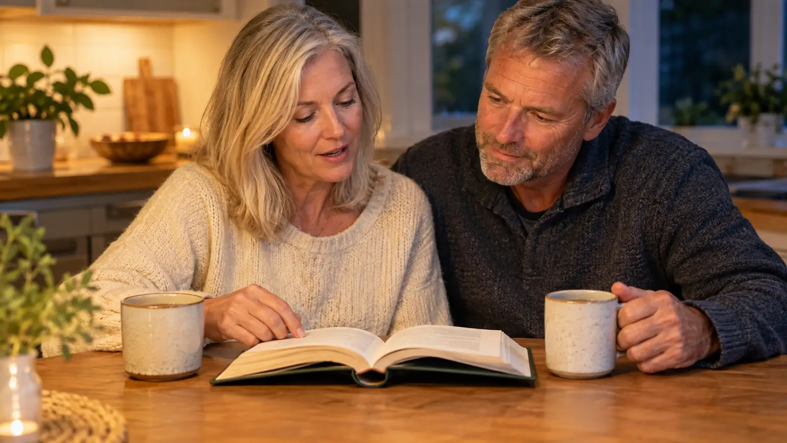 A couple leaning toward an open book at a kitchen table, two mugs of tea between them, one reading aloud