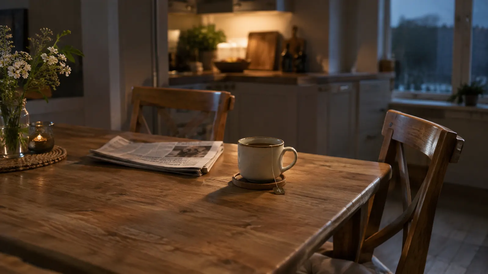 Two chairs pulled out at a cleared kitchen table, a half-full mug of tea still on it, soft evening light