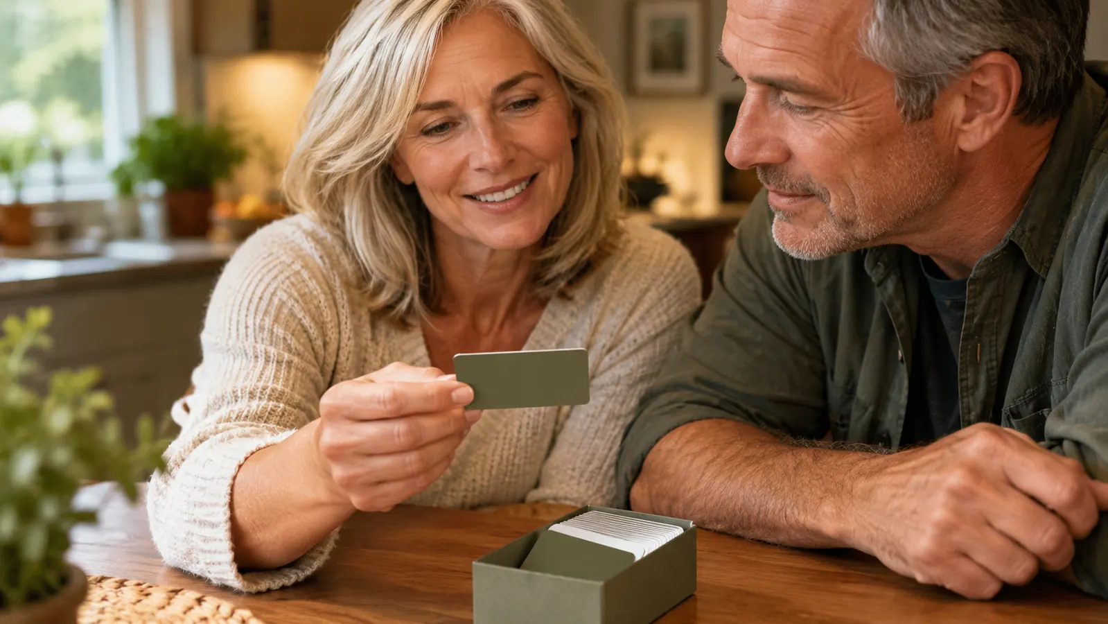 A hand holding a question card from the conversation card game while the other person listens across the table