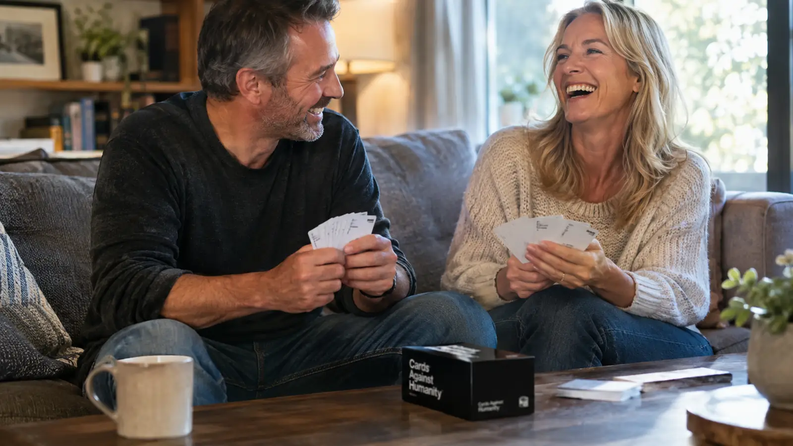 A couple laughing together on a couch with the card box on the coffee table in front of them