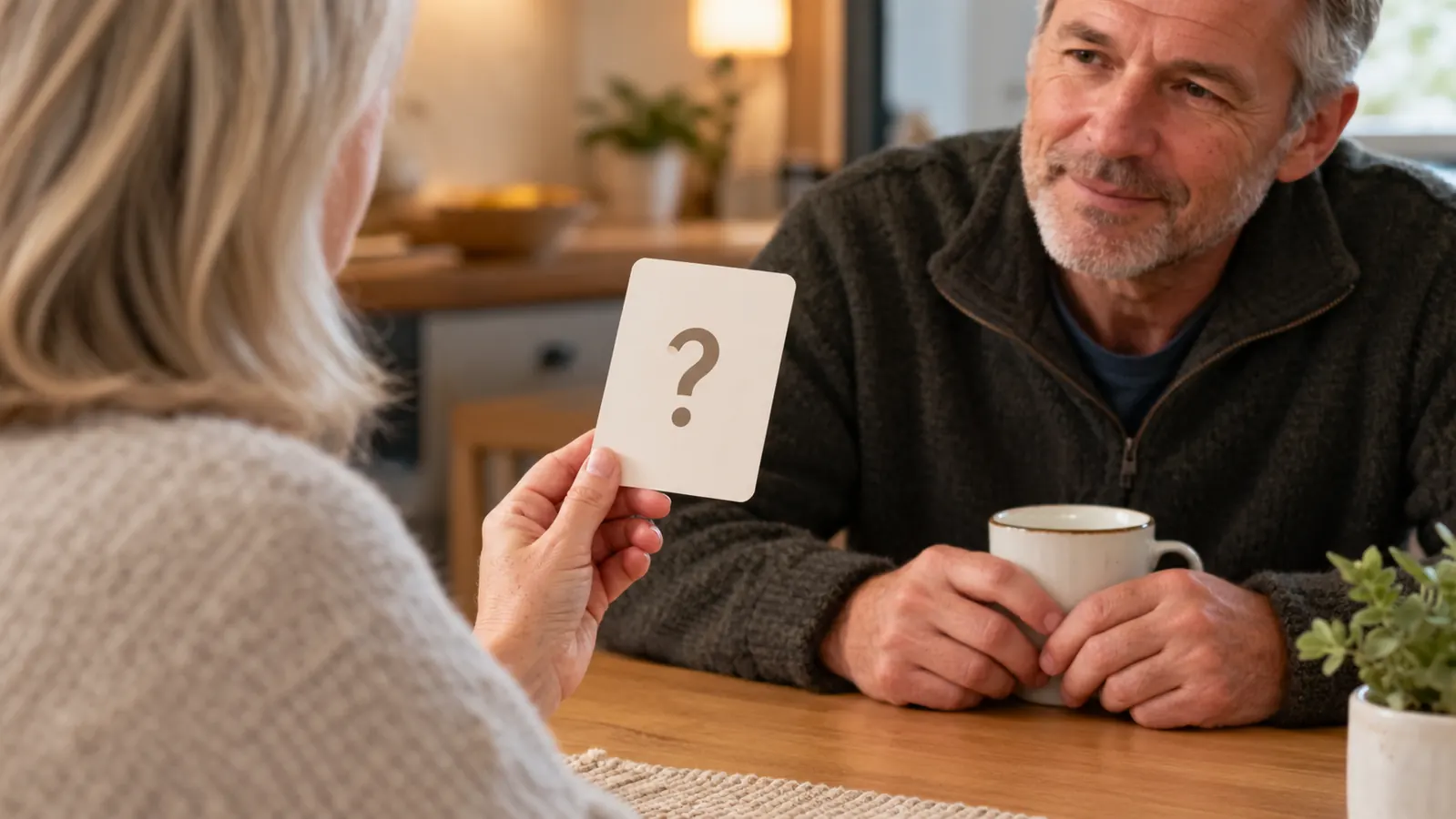 A hand holding up a conversation card with a question written on it across a table