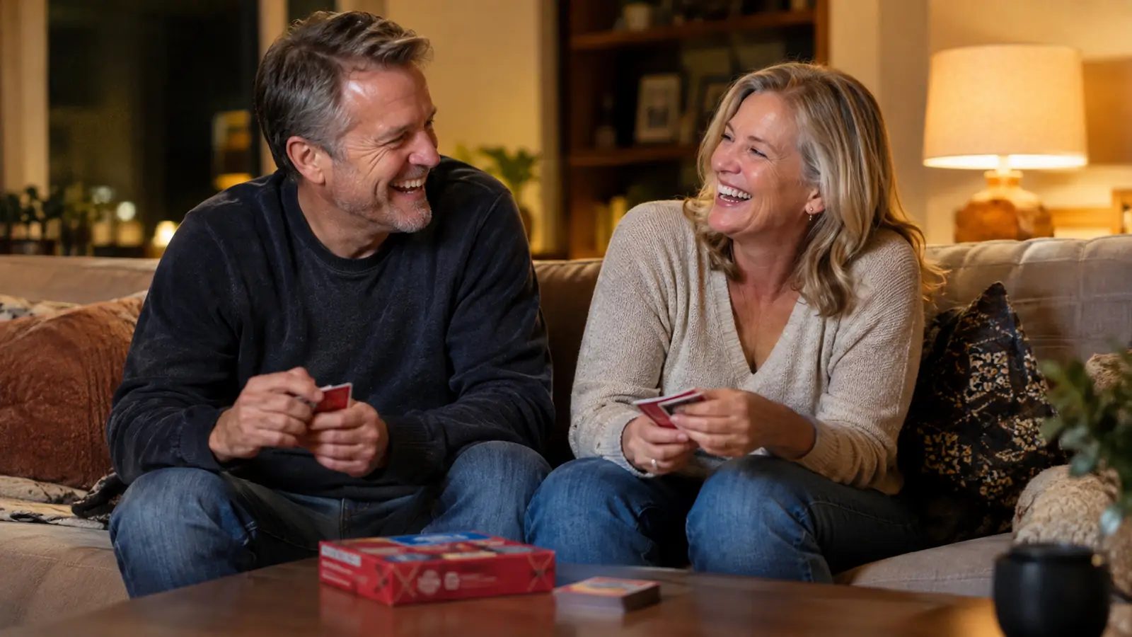 A couple laughing together on a couch in the evening, a card game box on the coffee table