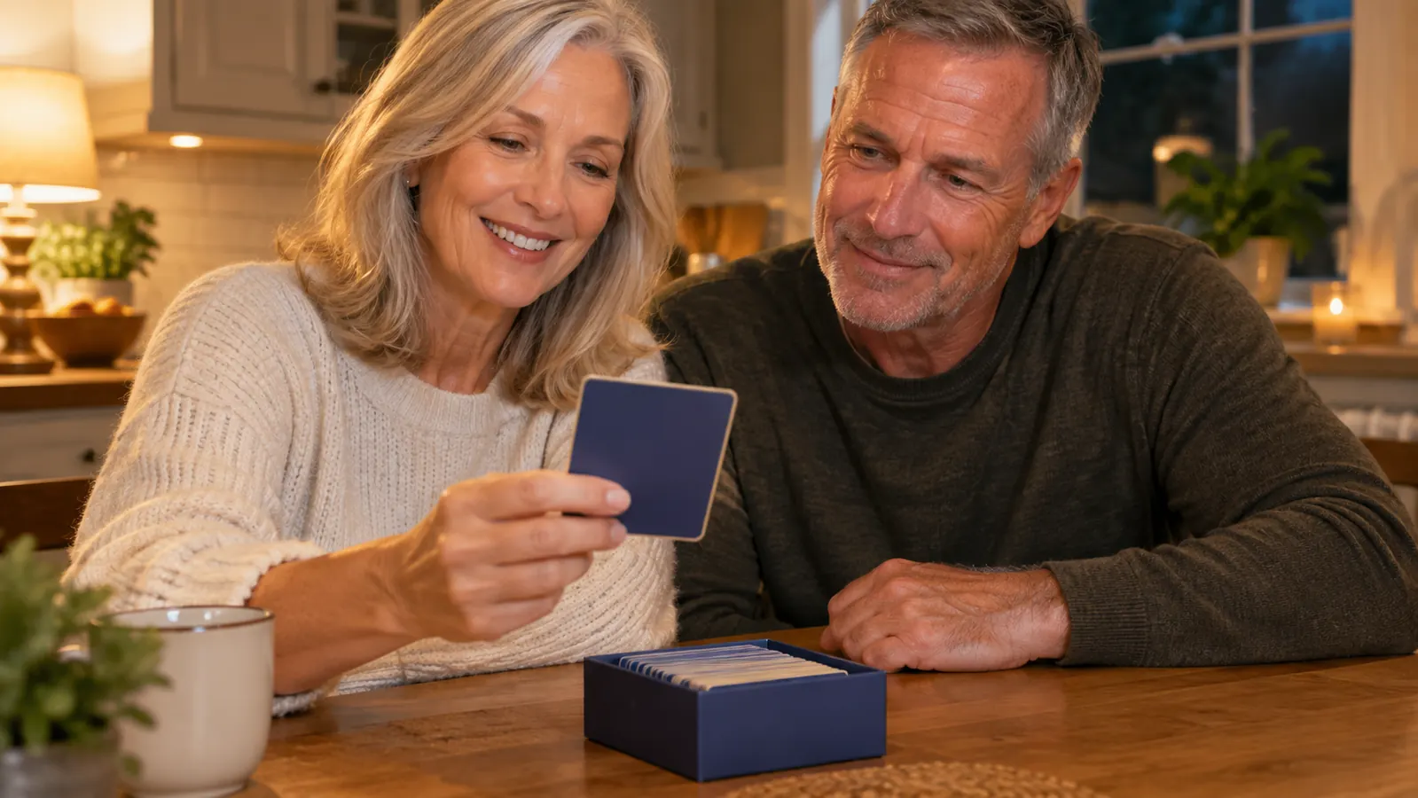 A hand holding up a question card from the product box while a couple sits at a kitchen table in the evening